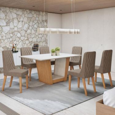 Imagem de Conjunto Apogeu 160cm Tampo MDF com 6 Cadeiras Luar Amêndoa Clean/Off White/Animale Bege