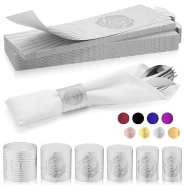Imagem de ChilStikUni Faixa De Guardanapo Reutilizável Material Polímero, Sem Cola, À Prova Rasgos, Resistente Água E Óleo, Conjunto 100 Faixas (Frente Prateada Rosa Verso), 6 Tamanhos Anéis Ajustáveis