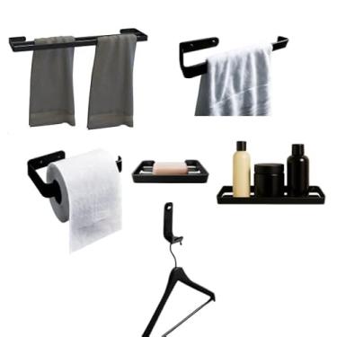 Imagem de Kit Completo Assessórios Para Banheiro Preto Toalheiro Duplo Porta Shampoo Anti-Ferrugem (6)