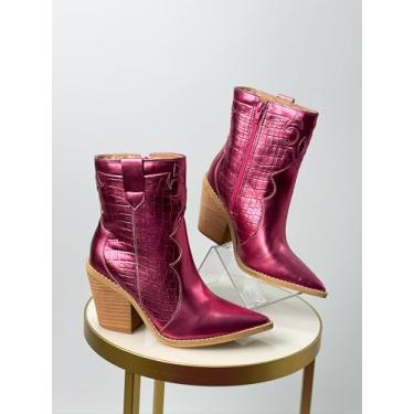 Imagem de Bota Feminina em Couro Rosa Metalizado, Cano Médio 12cm, Salto 4.5cm, Estilo Militar (ROSA, BR, Adulto, Numérico, 34)