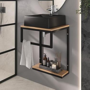 Imagem de Conjunto Gabinete Banheiro Industrial Ferri 42CM Ferragem Preta/Madeirado/Cuba Preta