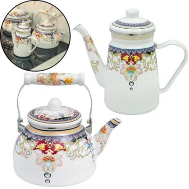 Imagem de Kit 02 pçs bule com chaleira esmaltados premium c/ indução a5 importad