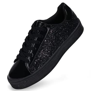 Imagem de ALLY UNION MAKE FORCE Tênis Femininos Brilhantes Da Moda Para Casamento, Tênis Elegantes E Brilhantes Com Strass, Sapatos Brilhantes Para Mulheres, Preto, Tamanho 7