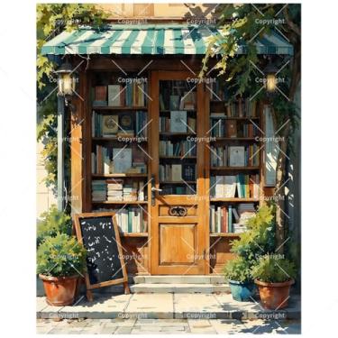 Imagem de Kit de pintura por números de entrada de livraria para adultos - Livraria aconchegante DIY com pintura de plantas em tela 40,6 x 50 cm, conjunto de tinta acrílica, adequado para iniciantes, arte para