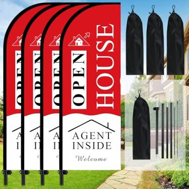 Imagem de BERXOL Pacote com 4 bandeiras de penas abertas de 2,5 m com kit de mastro e estaca de solo, inclui livro de registro e cartão de barraca de corretor de imóveis - Sinalização aberta de agente