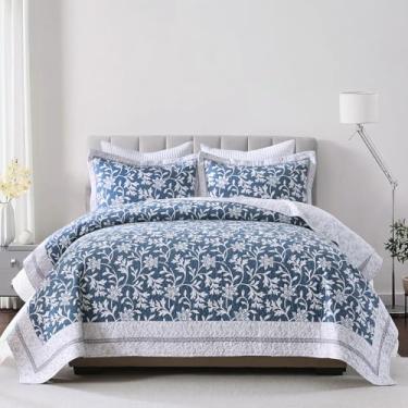 Imagem de PERHOM Colcha Queen 100% algodão, colcha queen size com 2 fronhas, estampa floral azul e branca, edredom macio leve, conjunto de cama acolchoada de fazenda, 3 peças