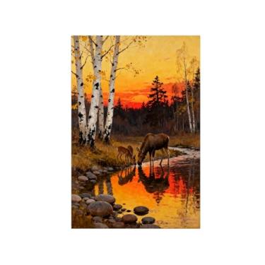 Imagem de Quadro parede outono-Árvore sol rio veado Impressões em tela paisagens-Pintura animais para sala estar decoração fazenda 20x30cm Sem Moldura