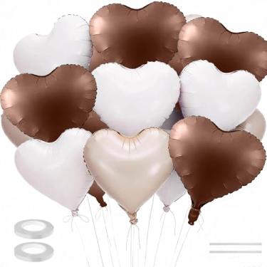 Imagem de 15 balões de coração, balão BetterJonny em forma de coração de 45,7 cm com canudo e fita de alumínio para decorações de casamento, aniversário, noivado (café)