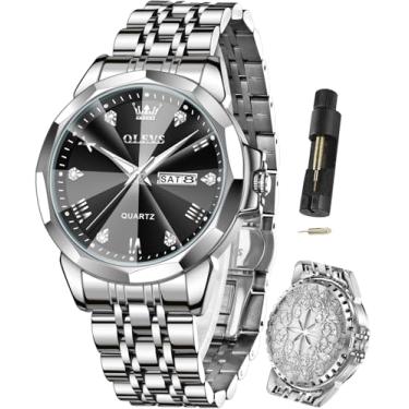 Imagem de OLEVS Relógios masculinos com diamante para negócios, analógico, quartzo, aço inoxidável, à prova d'água, luminoso, data, perfume, relógio de pulso luxuoso, moderno, 9931X - prata preta, 9931X-silver