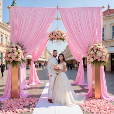 Imagem de Cortina de fundo rosa bebê de 15,2 m x 4,5 m, sem rugas, para festas, tecido de poliéster sedoso para casamento, 10 painéis, cortinas de fundo de foto de 4,5 m de comprimento, para chá de bebê