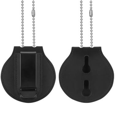Imagem de Uniclife Porta-crachá policial com clipe de cinto de metal e corrente de contas de aço inoxidável, suporte universal de crachá de couro redondo, estojo de identificação de xerife de gancho e laço