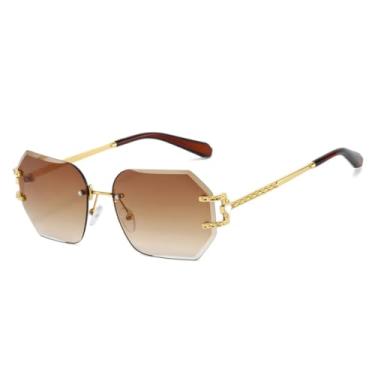 Imagem de HCHES Óculos de Sol Femininos Retrô Sem Armação com Lentes Degradê e Armação Poligonal com Proteção UV400 (Marrom Dourado)