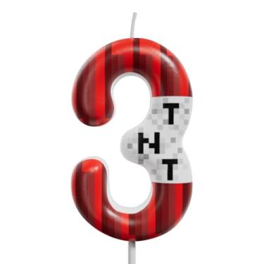 Imagem de Velas de aniversário com número vermelho e branco 0-9, velas de topo de bolo estilo pixel para crianças, aniversário, formatura, casamento e artigos de festa (TNT, 3)