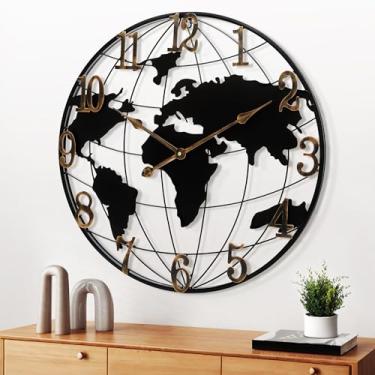 Imagem de Maxstar Relógio de parede grande com mapa do mundo, relógio moderno minimalista de metal, relógios de parede redondos silenciosos sem tique-taque operados por bateria para sala de