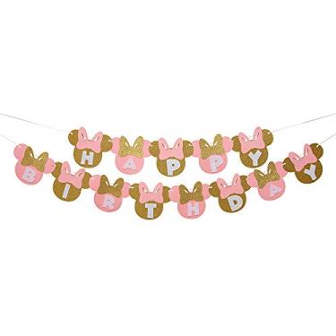 Imagem de Banner de aniversário da Minnie rosa e dourado. Decorações de aniversário da Minnie Mouse, faixa de aniversário da Minnie Mouse, banner de aniversário, decoração de aniversário para meninas, suprimentos de aniversário da Minnie Mouse, primeiro aniversário, adereços para fotos, chá de bebê, decoração