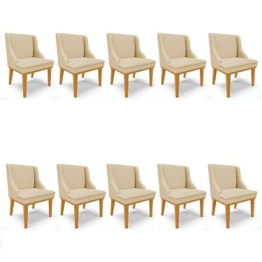 Imagem de Kit 10 Cadeiras Estofadas Para Sala De Jantar Base Fixa De Madeira Castanho Lia Veludo Off White
