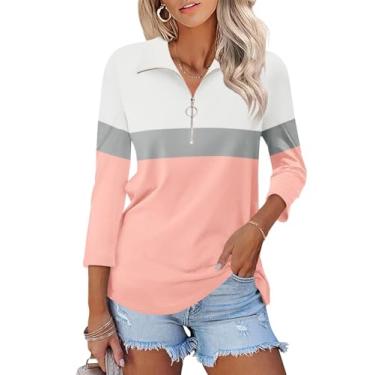 Imagem de Minetom Camisetas polo femininas de verão com gola V e manga 3/4 e zíper, B Branco-cinza-rosa, P