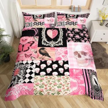 Imagem de Conjunto de capa de edredom de Halloween Corvo tamanho Queen, estampa de aranha, crânio, rosa, aranha, patchwork, rosa, preto, quadriculado, listrado, gótico, boêmio, para crianças, meninas,