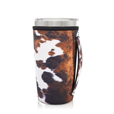 Imagem de AJLTPA Suporte de copo com isolamento de neoprene com alça para copos de 590 ml, manga reutilizável para café gelado compatível com Starbucks Trenta, Dunkin grande, mais (estampa de couro bovino)
