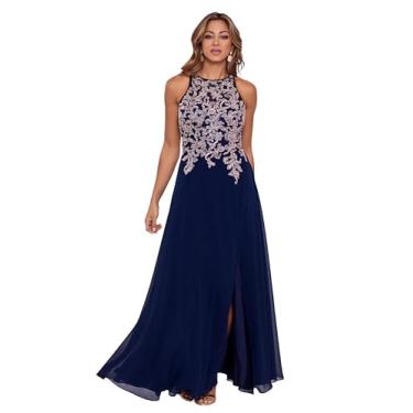 Imagem de Betsy & Adam Vestido feminino longo de chiffon com contas frente única e costas abertas, Azul marinho/rosa, 50