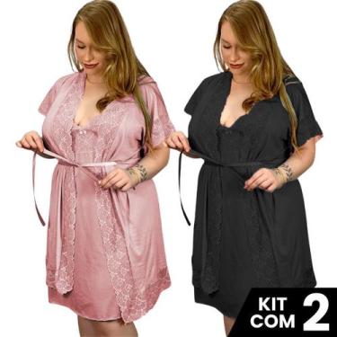 Imagem de Kit 2 Robes e 2 Camisolas Sexy Plus Sedutora Tamanho Grande Confortáve