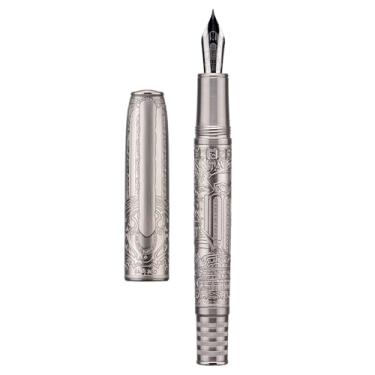 Imagem de Hongdian 100 Caneta-tinteiro pistão de aço prateado, caligrafia de ponta fina de lâmina longa de irídio, canetas de escrita suave, caneta de escrita agradável para homens e mulheres