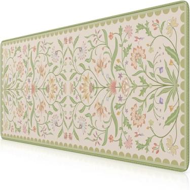 Imagem de iLeadon Tapete de mesa para mesa, grandes bordas costuradas florais, tapete de mesa longo para laptop, mouse pad macio para teclado, tapete de teclado verde para escritório, casa, bege/verde