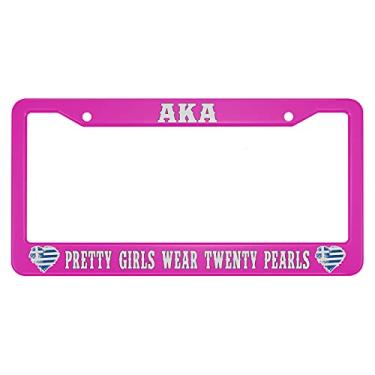 Imagem de oFloral Aka Pretty Girls Wear Twenty Pearls placa de licença de liga de alumínio moldura em forma de coração bandeira da Grécia azul branco rosa aplicável ao padrão dos EUA suporte de moldura de etiqueta de carro para mulheres (pacote com 1)