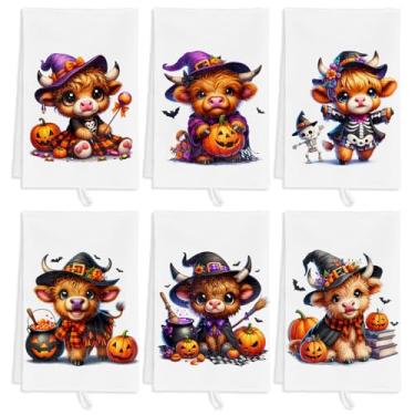 Imagem de ElasignShopo 6 peças de toalhas de prato de vaca Highland para Halloween, toalhas de cozinha de gado das terras altas, absorventes para casa de fazenda, gado, Dia das Bruxas, morcego de abóbora e
