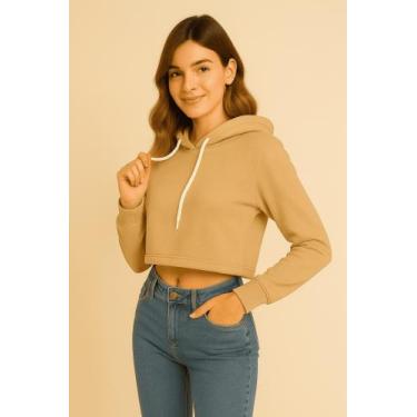 Imagem de Cropped Moletom Feminino Capuz Liso Bege - Trajano Store, Bege caqui, 