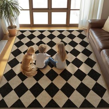 Imagem de Tapete de juta lavável quadriculado fácil, 12 x 17 cm, quadriculado de diamante preto, boêmio, geométrico, para ambientes externos, pátio, área grande, leve, antiderrapante, para sala de estar, sala