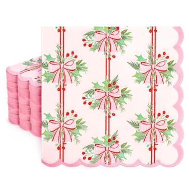Imagem de FYSUIMU Guardanapos de papel com laço de Natal, 50 peças, descartáveis, rosa, azevinho, baga de azevinho, guardanapos de jantar, almoço, para Natal, aniversário, chá de bebê, artigos de mesa