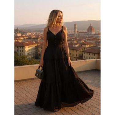 Imagem de Vestido feminino longo sem mangas Com Cinto Alças finas Plissado Saia rodada 3 marias Convidada-Feminino