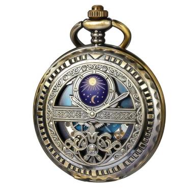 Imagem de DerMacht Relógio de bolso mecânico presente para homens, relógio de bolso esqueleto masculino mostrador romano com corrente, Gd. Bronze preto