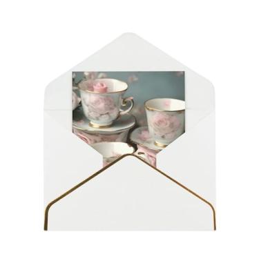 Imagem de SKKNT Copos de chá com rosas impressão romântica cartões de felicitações para todas as ocasiões cartões de notas em branco versáteis com envelopes 11,4 x 15,2 cm