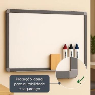Imagem de Lousa Quadro Escolar Branco e Apagador e 3 Macadores Moldura MDF Aluminizado