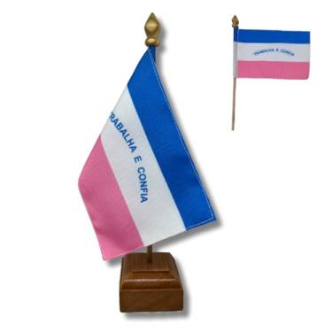 Imagem de Bandeira de Mesa Elegance, Estado do Espírito Santo, Dupla Face, Multicolorido, 19x30cm, Base em Madeira Natural, Tecido Oxford, para Escritório, Eventos, Decoração