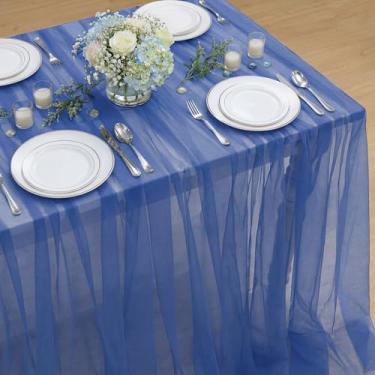 Imagem de Horaldaily Toalha de mesa retangular de gaze azul marinho 152 cm × 264 cm, toalha de mesa de queijo de gaze, boho, rústica, para festa de casamento, chá de bebê, decoração de casa