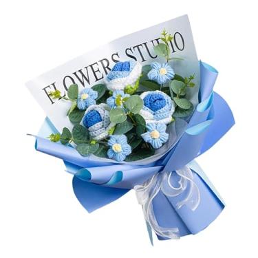 Imagem de Wswqop Buquê de Flores de Crochê Tricô Buquê de Flores de Crochê Decoração Arranjos Florais para Festa de Aniversário Do Dia Dos Namorados, Azul gradiente