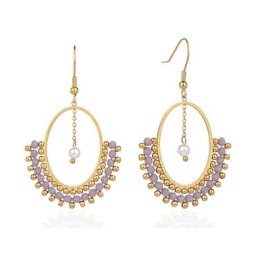 Imagem de TaYolnFaSo Brincos de pérola de cristal boêmio banhado a ouro 18 K oval brincos pendentes de argola boho cristal pérola joia presente para mulheres, Ouro amarelo, Cristal