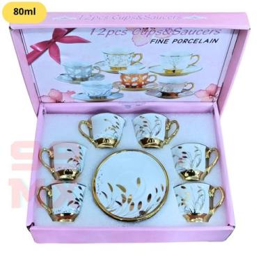 Imagem de Xícara de Café 80ml com Flores e Dourado  Conjunto Elegante com Pires 