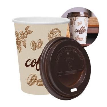 Imagem de Kit 100 Copos De Café Descartável Papel 300ml Biodegradável Branco Com Tampa Lyor