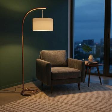 Imagem de Abajur de Piso Luminária de Chão Rio Cúpula Linho Palha Moderno em Metal