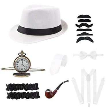 Imagem de Acessórios de fantasia de gângster - Conjunto de fantasia retrô para homens - Conjunto de chapéu, gravata borboleta, relógio de bolso, suspensório, óculos para meninos Fovolat