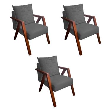 Imagem de Kit 3 Poltronas Monalisa Decorativa Mona Pés de Madeira Maciça Suede Cinza