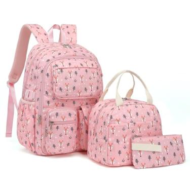 Imagem de Conjunto de mochila escolar para meninas com lancheira e estojo, 3 peças, mochila escolar leve para crianças, Raposa rosa, Mochila escolar 3 em 1