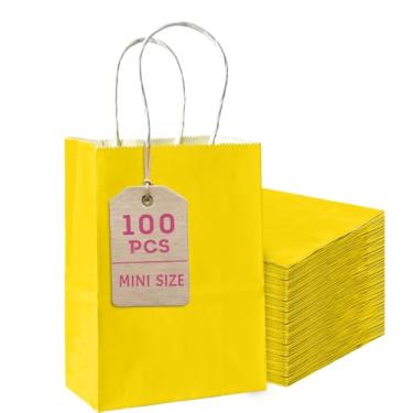 Imagem de Bakepacker 100 mini sacos de presente de papel amarelos brilhantes com alças de 15 x 11,4 x 6,3 cm, vários usos (tamanho pequeno)