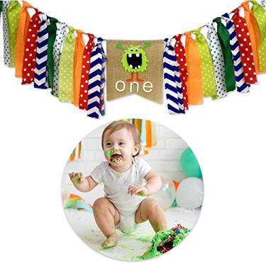 Imagem de Decorações de festa de primeiro aniversário com tema de Monstro de desenho animado da Full Win Shop - Bandeira divertida de uma cadeira de monstro, Foto de menino de bebê, cabine de aniversário, artigos de decoração para festa