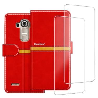 Imagem de ESACMOT Capa de celular compatível com LG G4 + [2 unidades] película protetora de tela de vidro, capa protetora magnética de couro premium para LG G4 (5,5 polegadas) vermelha