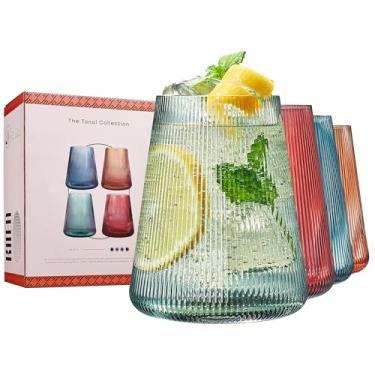 Imagem de Taças de vinho coloridas caneladas com design alemão sem haste | Conjunto de 4 | Vidro moderno premium de cristal premium de 382 g | Copo para vinho tinto e branco, copos duráveis, ideia de presente